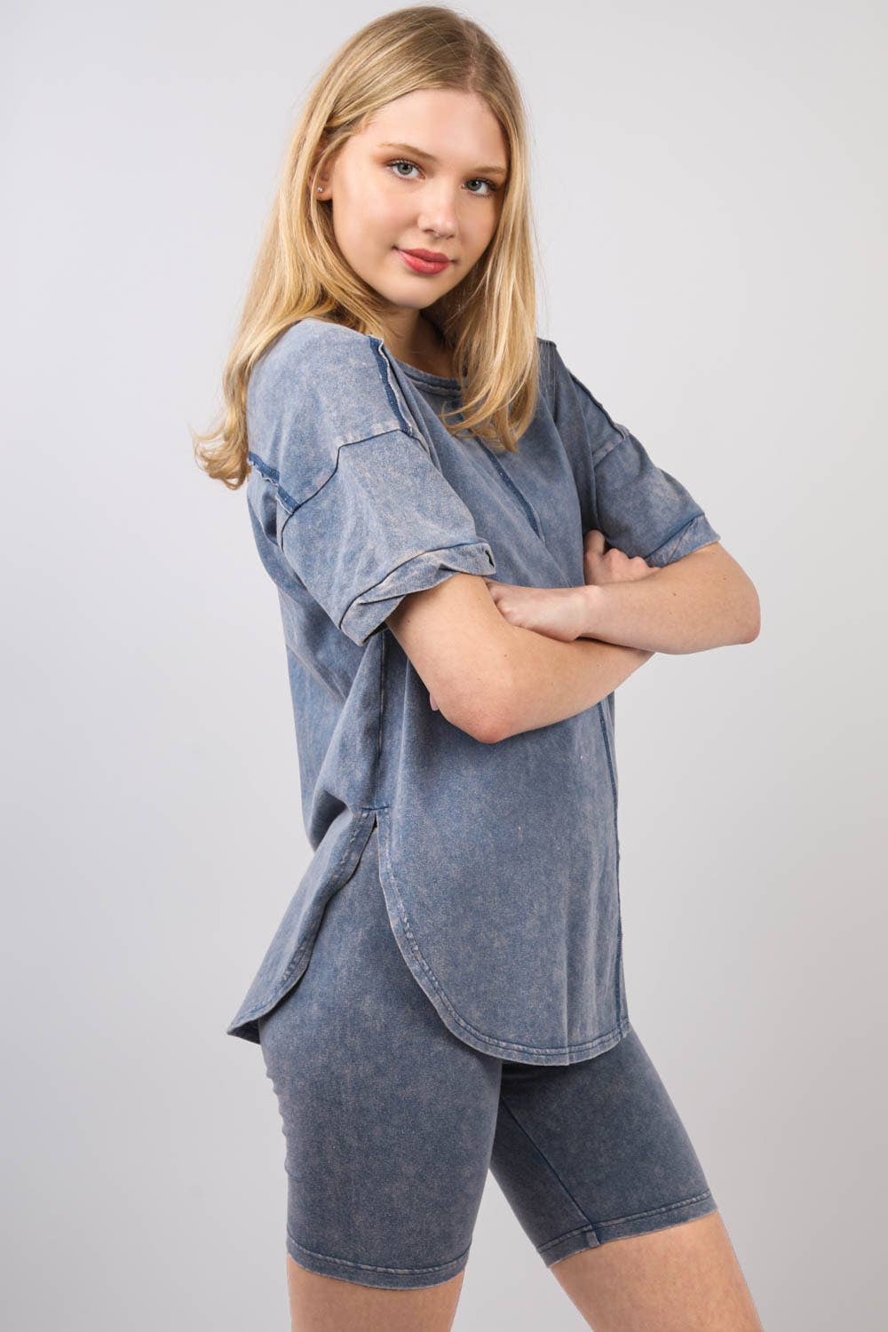 Washed Stretchy Knit Activewear Top & Short Set