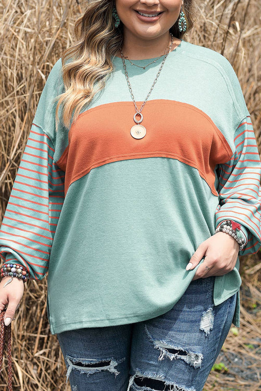 Green Colorblock Striped Bishop Sleeve Top Plus Size