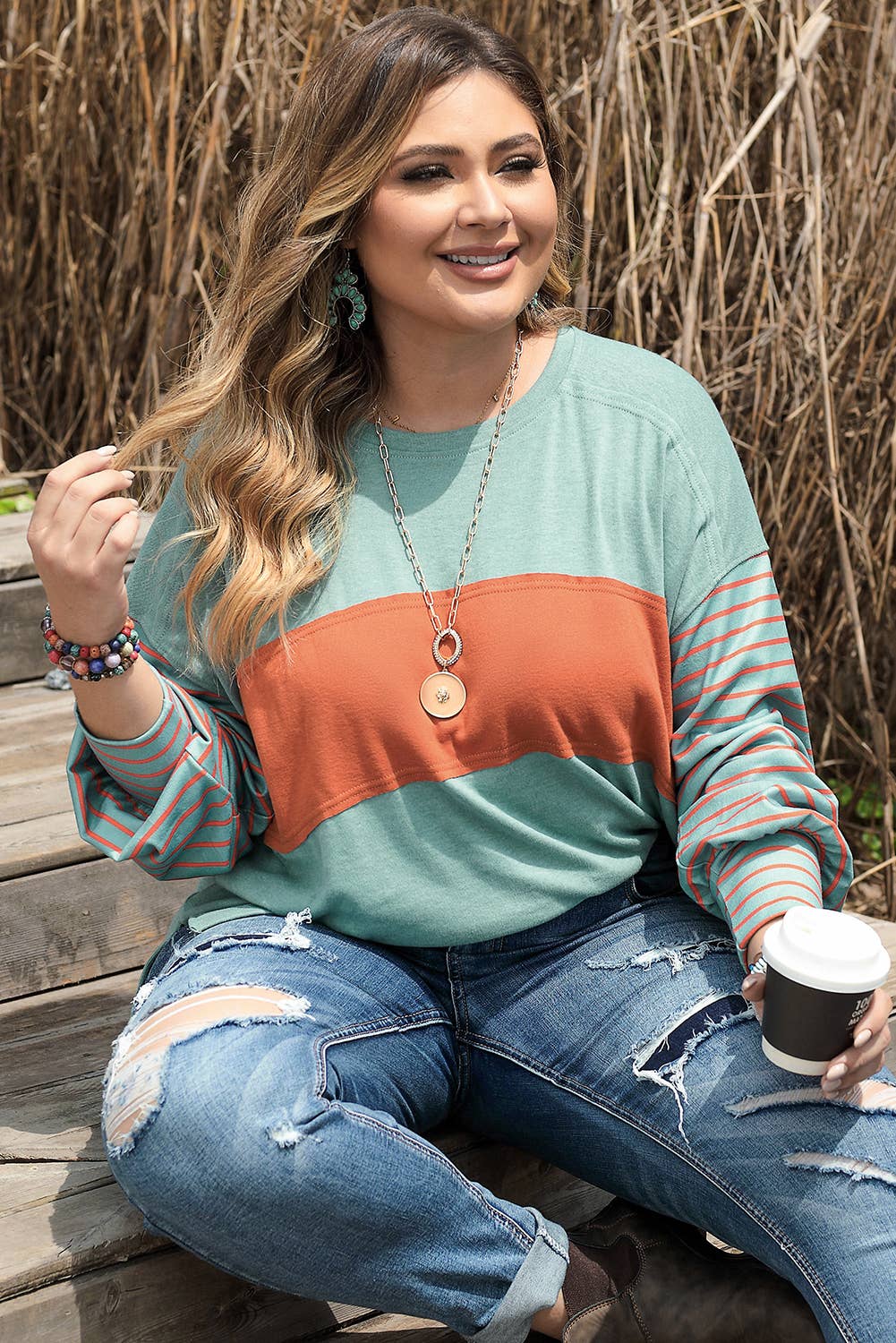 Green Colorblock Striped Bishop Sleeve Top Plus Size