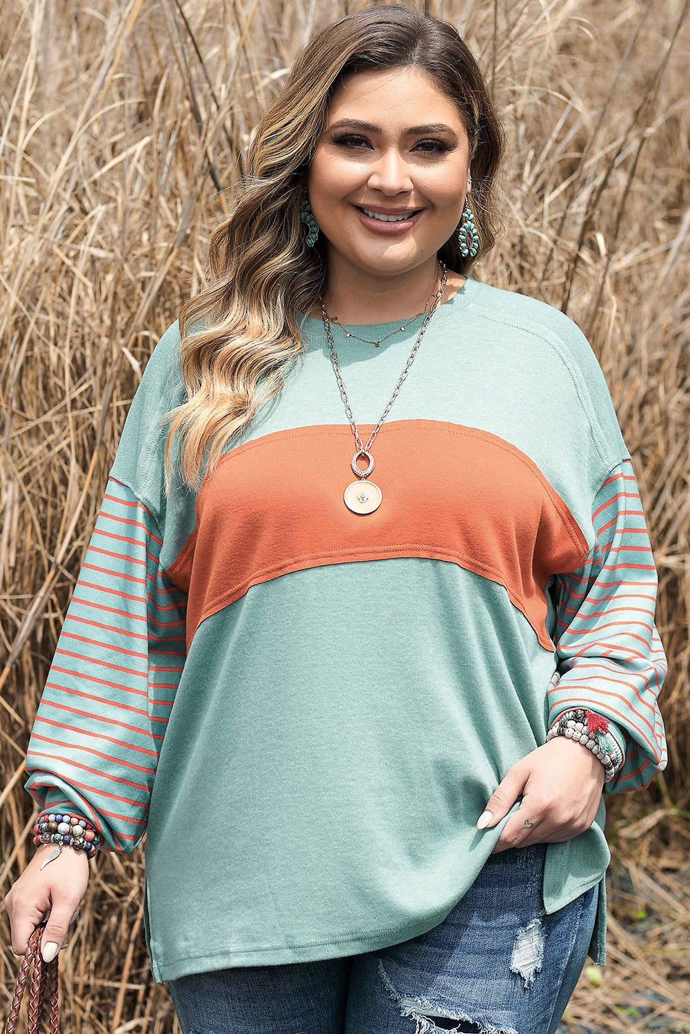 Green Colorblock Striped Bishop Sleeve Top Plus Size