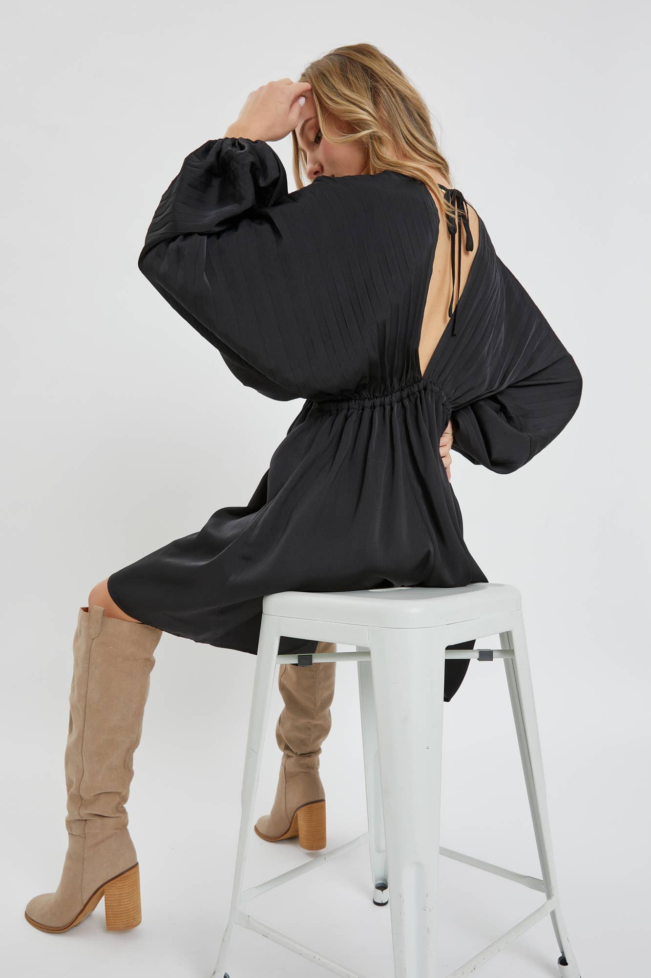 SATIN V NECK PLEATED DRESS