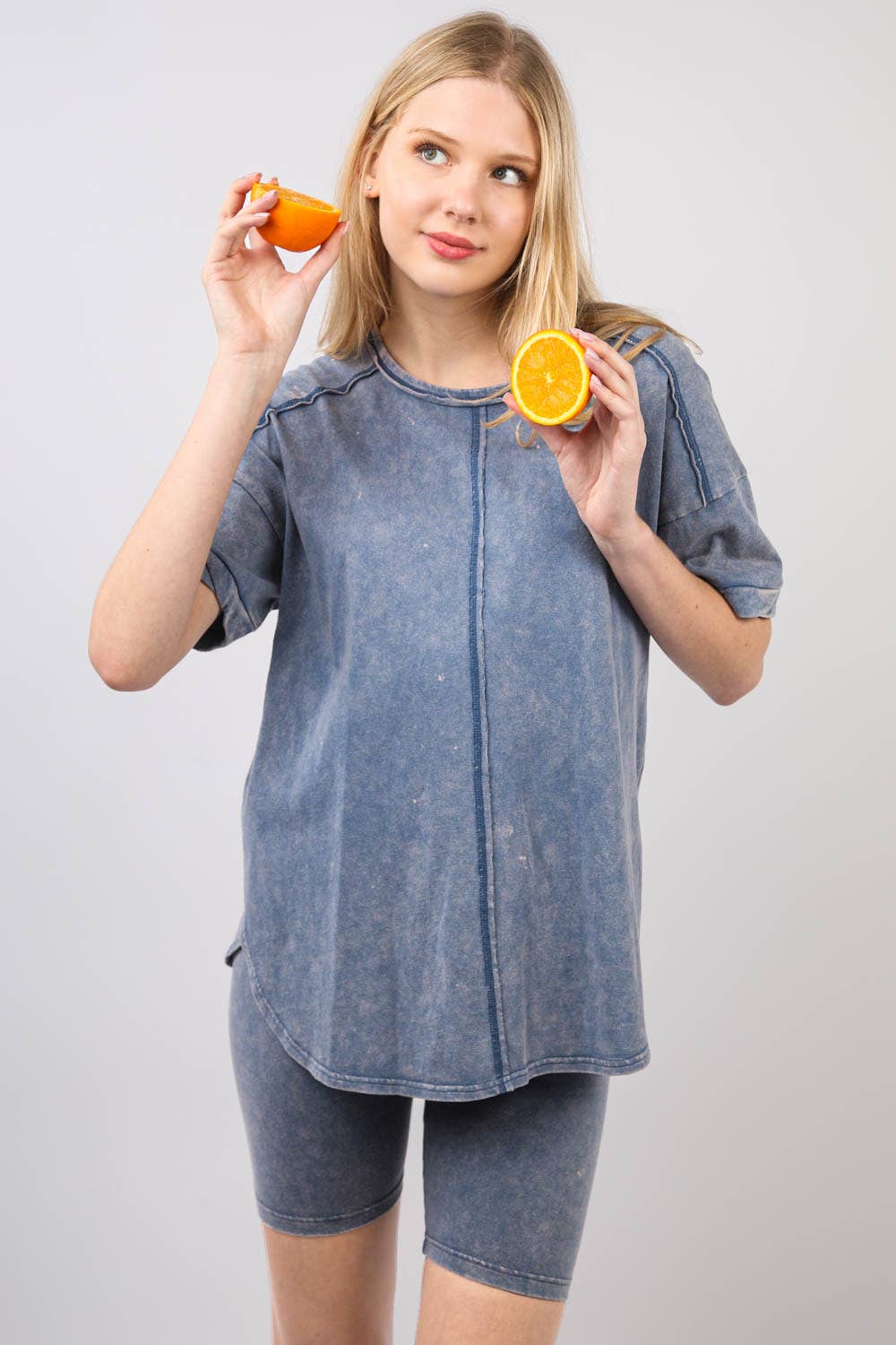 Washed Stretchy Knit Activewear Top & Short Set